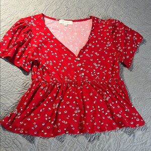 Red Floral Button-Up Women's Top